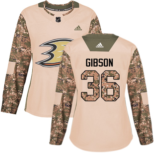 Adidas Ducks #36 John Gibson Camo Authentic Veterans Day Women's Stitched NHL Jersey
